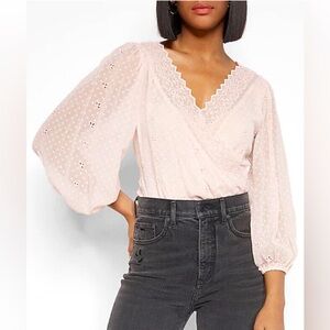 Express M bodysuit light pink eyelet lace trim chiffon faux wrap top blouse